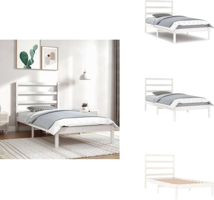 VidaXL Houten Bedframe 205.5 x 96 cm Massief Grenenhout Multiplex Lattenbodem Comfortabel Hoofdeinde Wit Geschikt voor 90 x 200 cm Matras Bed