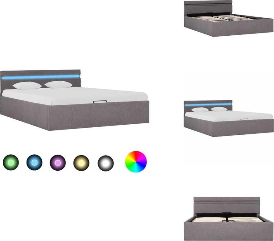 VidaXL Bedframe Hydraulisch Taupe 211x128x73 cm Opbergvak LED-strip Geschikt voor Matras 120x200 cm Met Afstandsbediening MDF-Frame Stoffen Bekleding Bed