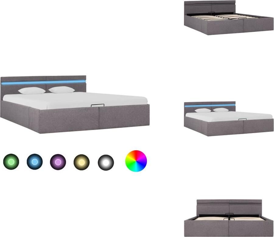 VidaXL Bedframe Taupe Stoffen bekleding Multiplex lattenbodem MDF-frame 211x168x73 cm Geschikt voor matras 160x200 cm Met opbergvak Hydraulisch gasveermechanisme LED-strip Afstandsbediening Bed - Foto 2