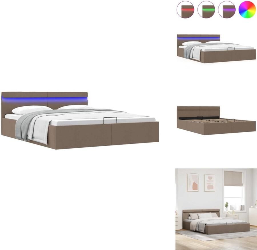 VidaXL Bedframe Taupe Stoffen bekleding Multiplex lattenbodem MDF-frame 211x168x73 cm Geschikt voor matras 160x200 cm Met opbergvak Hydraulisch gasveermechanisme LED-strip Afstandsbediening Bed