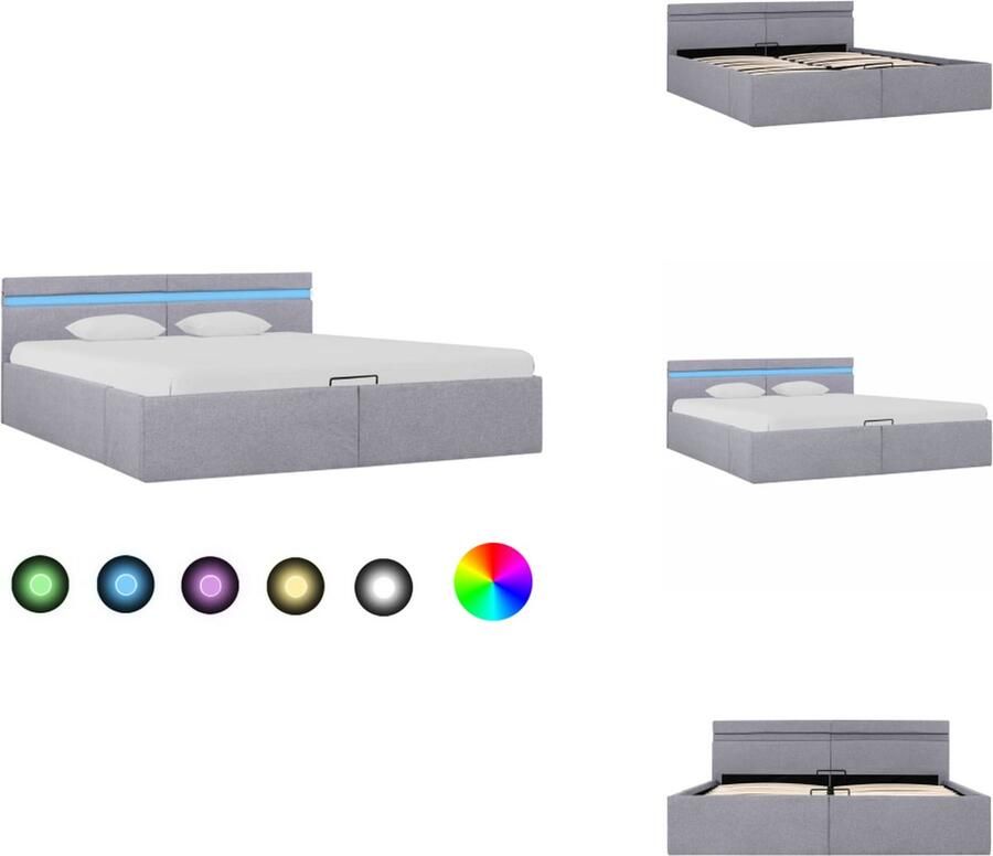 VidaXL bedframe lichtgrijs stoffen bekleding hydraulisch opbergvak LED-strip 211 x 188 x 73 cm geschikt voor matras 180 x 200 cm 5 V USB-aansluiting Bed