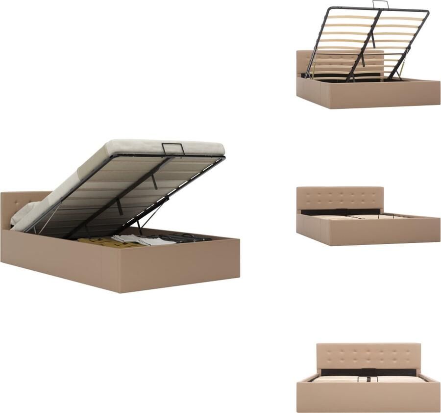 VidaXL Bedframe Hydraulisch Kunstleren bekleding Met opbergvak 211x148x73 cm Cappuccino Geschikt voor matras 140x200 cm MDF en staal Bed