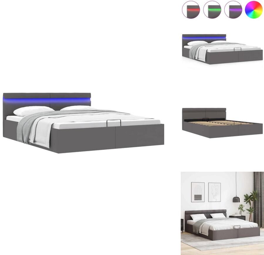 VidaXL Bedframe Grijs Kunstleren bekleding Hydraulisch 212 x 187 x 73 cm Opbergvak LED-strip 180 x 200 cm matras Bed