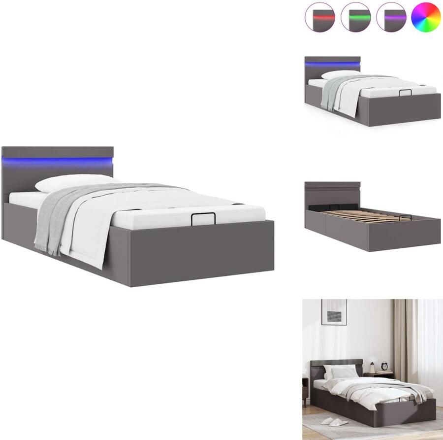 VidaXL Bedframe Bedframes Bed Bedden Bedframe met opslag hydraulisch LED kunstleer grijs 90x200 cm - Foto 2