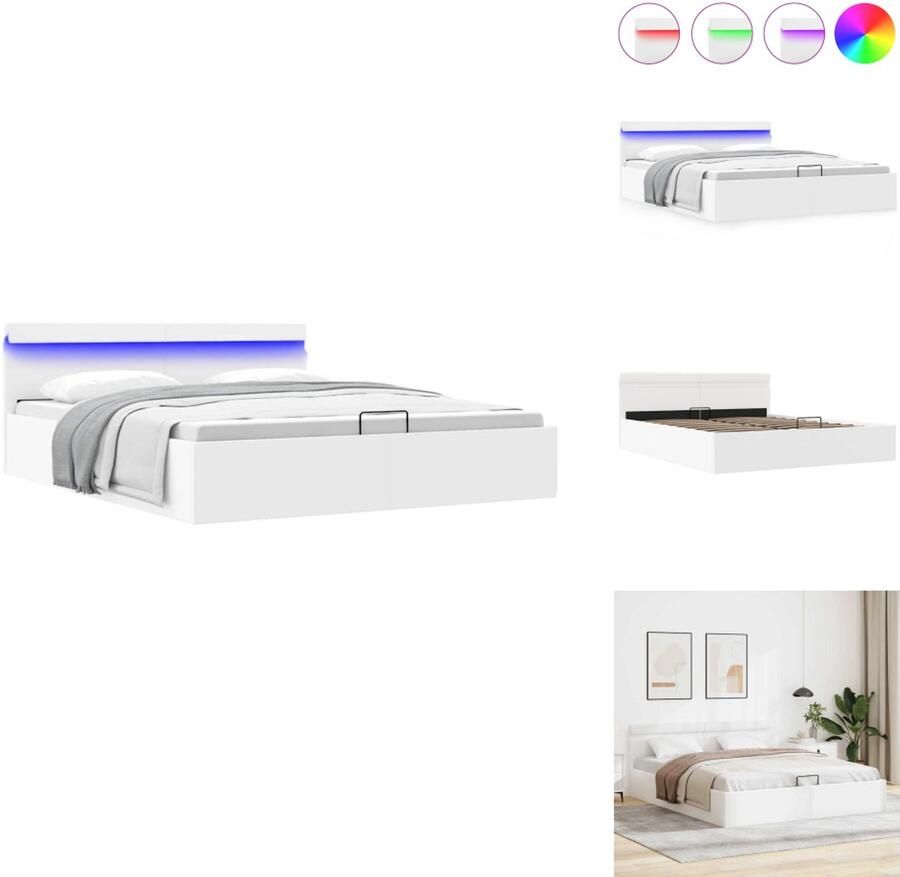 VidaXL Bedframe Bedframes Bed Bedden Bedframe met opslag hydraulisch LED kunstleer wit 160x200 cm