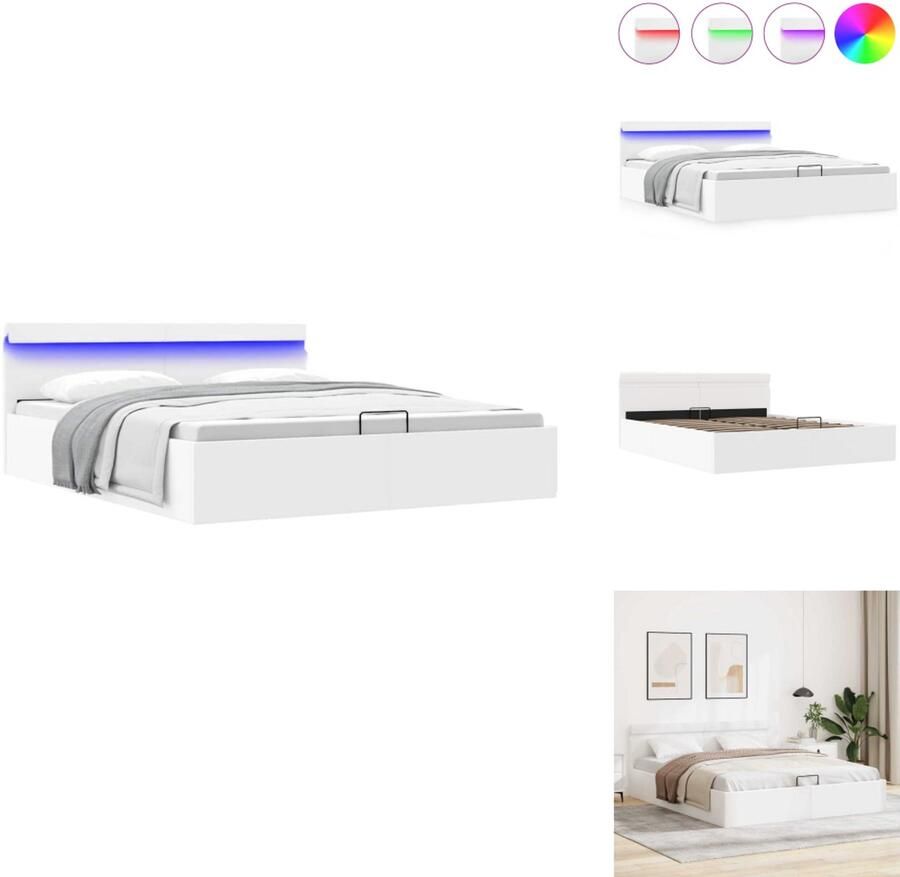 VidaXL Bedframe Bedframes Bed Bedden Bedframe met opslag hydraulisch LED kunstleer wit 180x200 cm