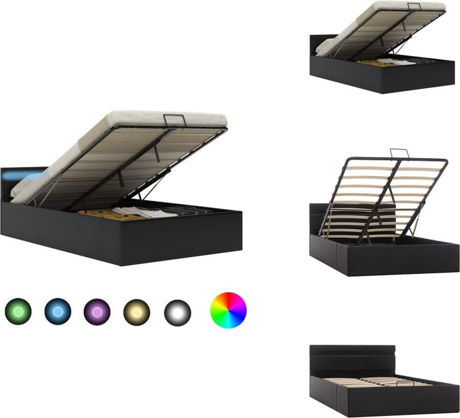 VidaXL Bedframe Hydraulisch Kunstleren bekleding Zwart 140 x 200 cm Met opbergvak LED-strip Afstandsbediening Bed