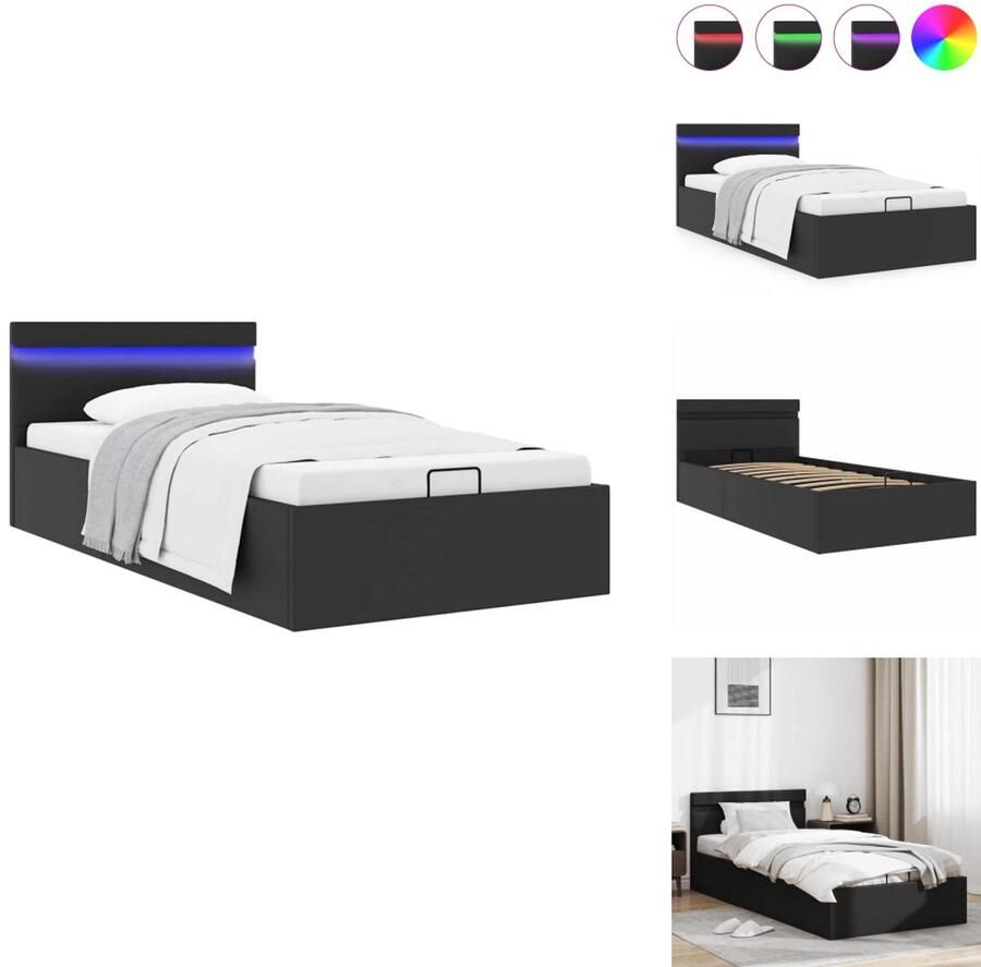VidaXL Bedframe Bedframes Bed Bedden Bedframe met opslag hydraulisch LED kunstleer zwart 90x200 cm