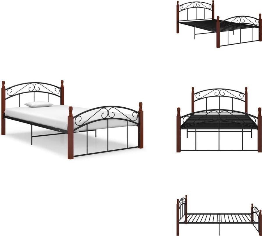 The Living Store Bedden 210 x 127 x 90 cm Zwart Donkerhout Gepoedercoat Metaal Massief Eikenhout Montage Vereist Metalen Bed Frame Houten Bed Frame Boxspring Bed Tweepersoons Bed King Size Bed