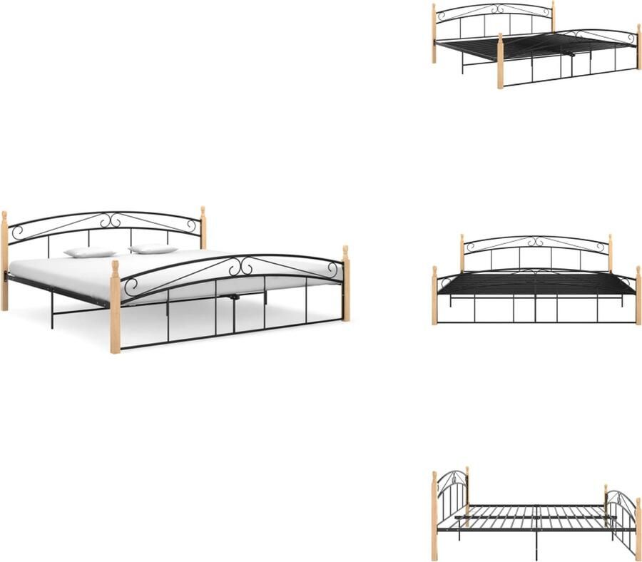 VidaXL Metalen Bedframe 210 x 207 x 90 cm Kleur- Zwart en Donkerhout Materiaal- Gepoedercoat Metaal en Massief Eikenhout Montage Vereist Bed