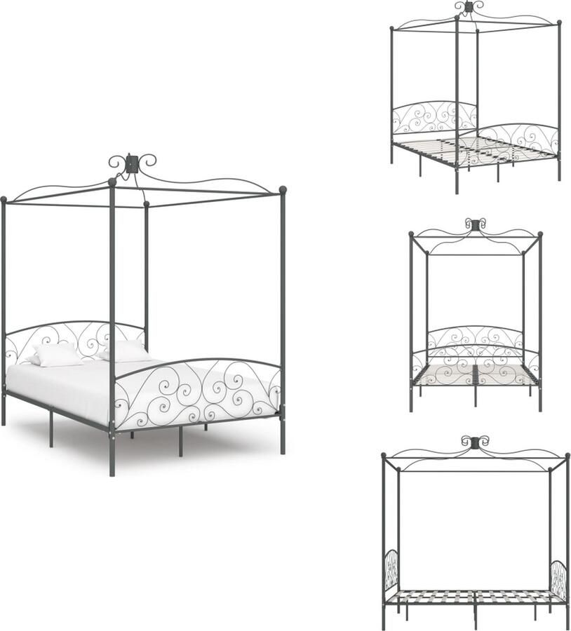 VidaXL Metalen Hemelbedframe Grijs 211 x 149 x 227 cm Massief metaal Voor 140 x 200 cm matras Met bedhemel-optie Bed