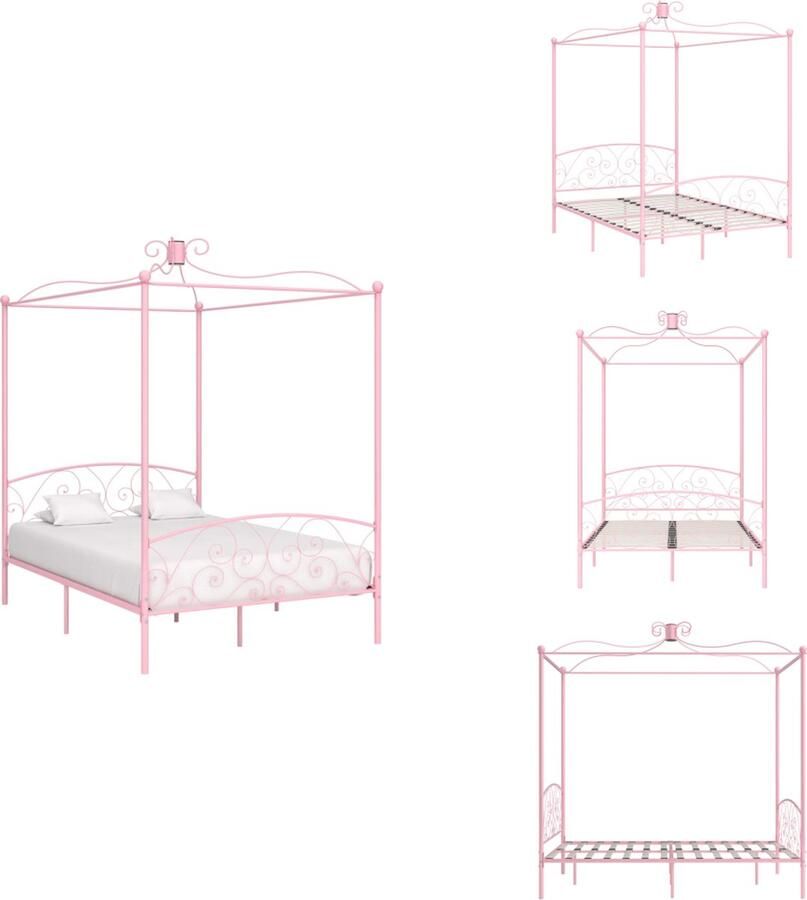 VidaXL Bedframe Bedframes Bed Bedden Hemelbedframe metaal roze 140x200 cm