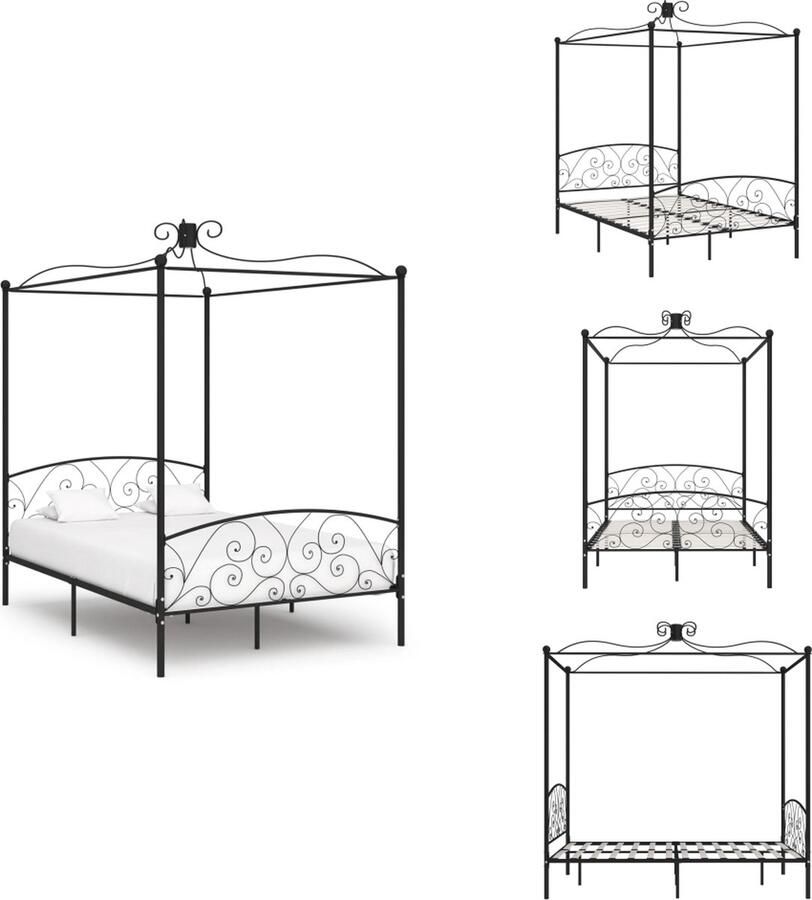 VidaXL Metalen Hemelbedframe Zwart 211 x 129 x 227 cm Massief metaal Geschikt voor 120 x 200 cm matras Met verfijnd ontwerp Bed