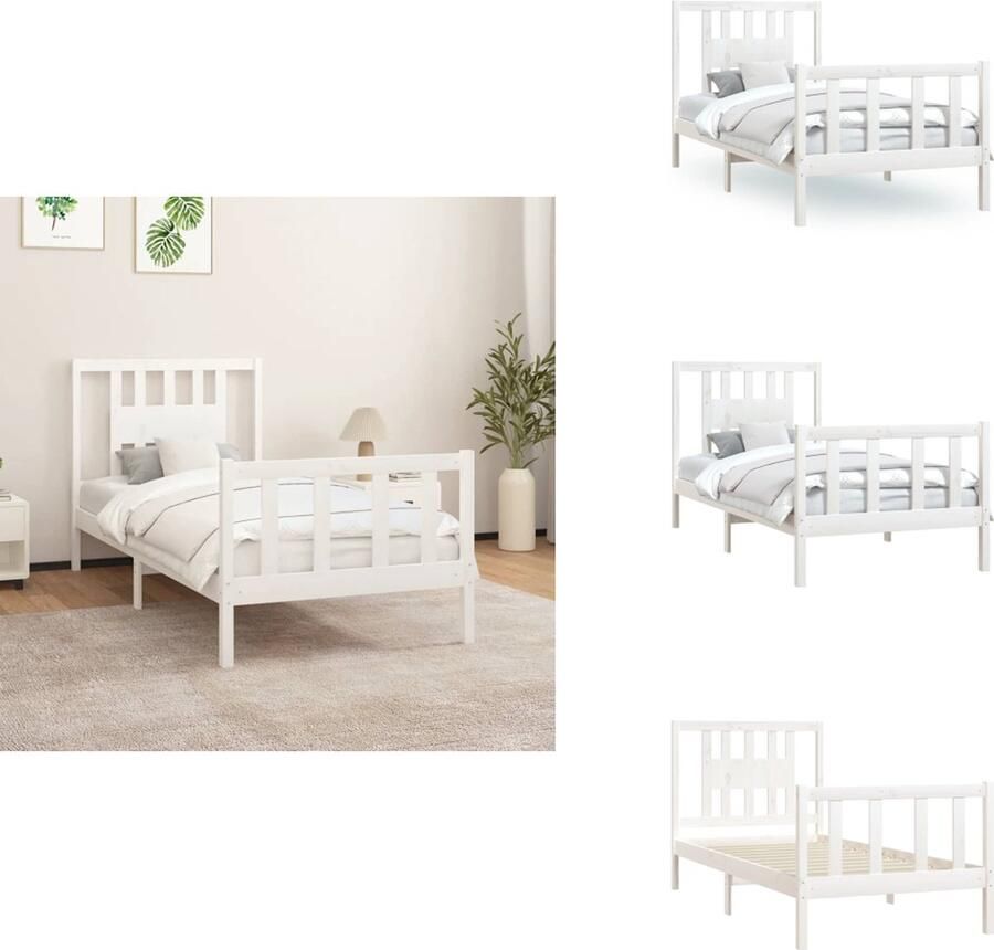 VidaXL Bedframe Bedframes Bed Bedombouw Bedframe met hoofdbord massief hout wit 90x200 cm