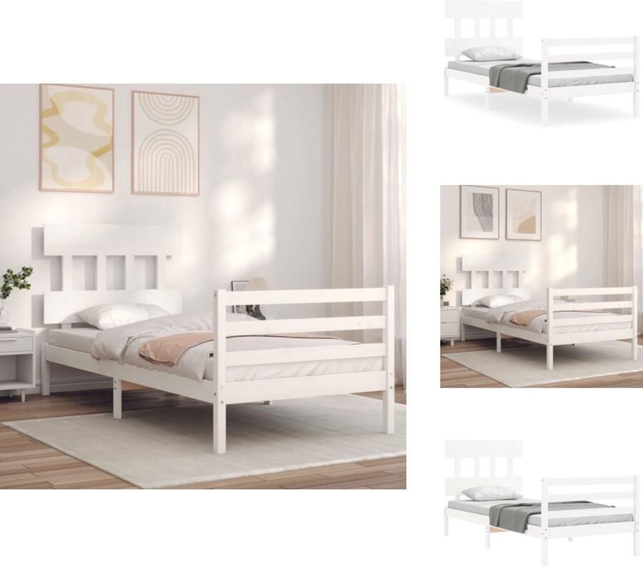 VidaXL Bedframe Bedframes Bed Eenpersoonsbed Bedframe met hoofdbord massief hout wit 3FT Single - Foto 2