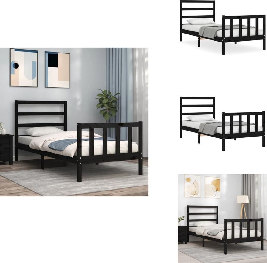 VidaXL Bedframe Massief Grenenhout Zwart 205.5 x 105.5 x 81 cm Multiplex lattenbodem Functioneel hoofd- en voeteneinde Matras 100 x 200 cm Montage vereist Bed