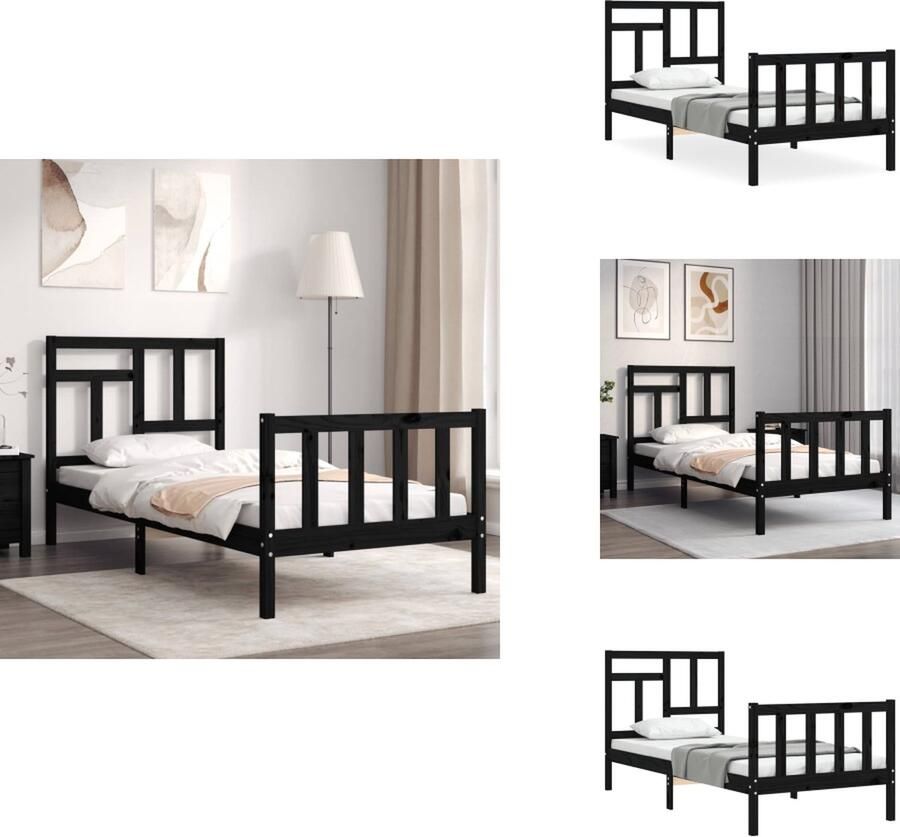 VidaXL Massief Grenenhouten Bedframe Zwarte kleur 205.5 x 95.5 x 100 cm Multiplex Lattenbodem Functioneel hoofd- en voeteneinde Montage vereist Bed