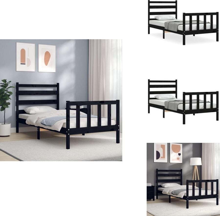 VidaXL Bedframe Bedframes Bed Eenpersoonsbed Bedframe met hoofdbord massief hout zwart 90x200 cm