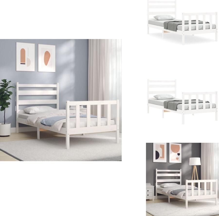 VidaXL Massief Grenenhouten Bedframe Wit 206 x 95.5 x 100 cm Multiplex Lattenbodem Functioneel Hoofd- en Voeteneinde Montage vereist Bed
