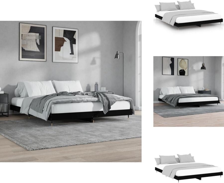 VidaXL Bedframe Zwarte bewerkt houten bedframe met metalen poten Multiplex lattenbodem Afmetingen- 203 x 203 x 20 cm Geschikt voor matras 200 x 200 cm Montage vereist Bed - Foto 2