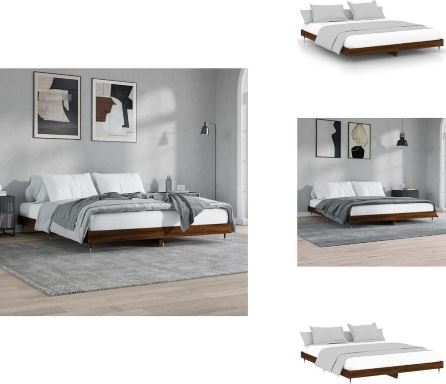 VidaXL Bedframe Bruineiken Geniet van een goede nachtrust Bedframes Afmetingen- 203 x 203 x 20 cm Duurzaam bewerkt hout Stevige metalen poten Multiplex lattenbodem Matras- 200 x 200 cm Montage vereist Bed - Foto 4