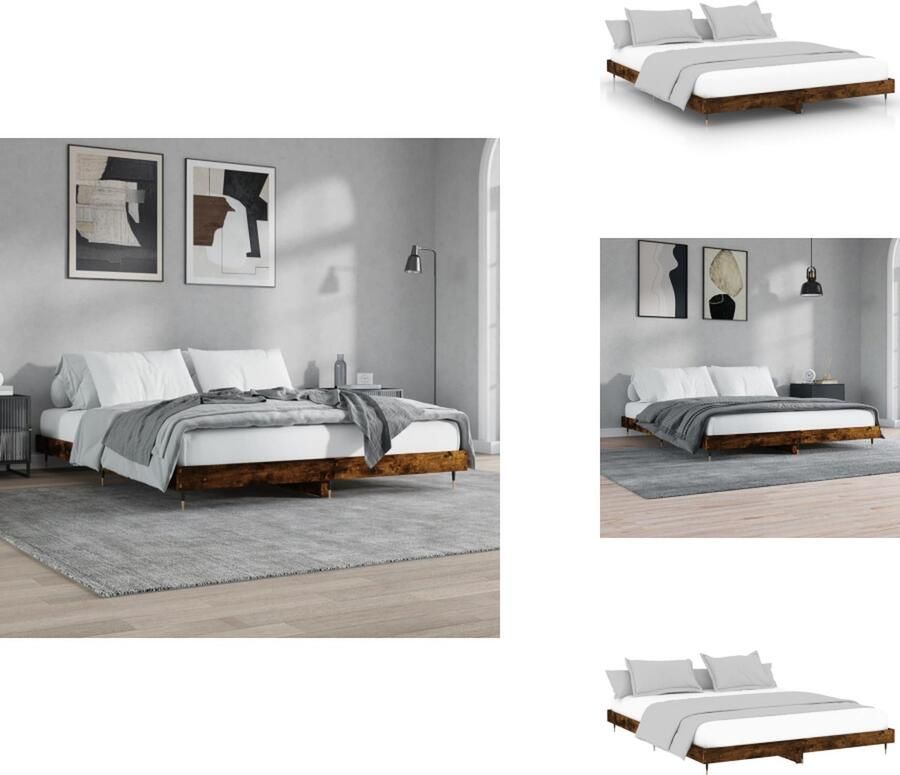 VidaXL Bedframe Gerookt Eiken Hoge Kwaliteit Hout Metalen Poten Multiplex Lattenbodem 203 x 203 x 20 cm Bed - Foto 4