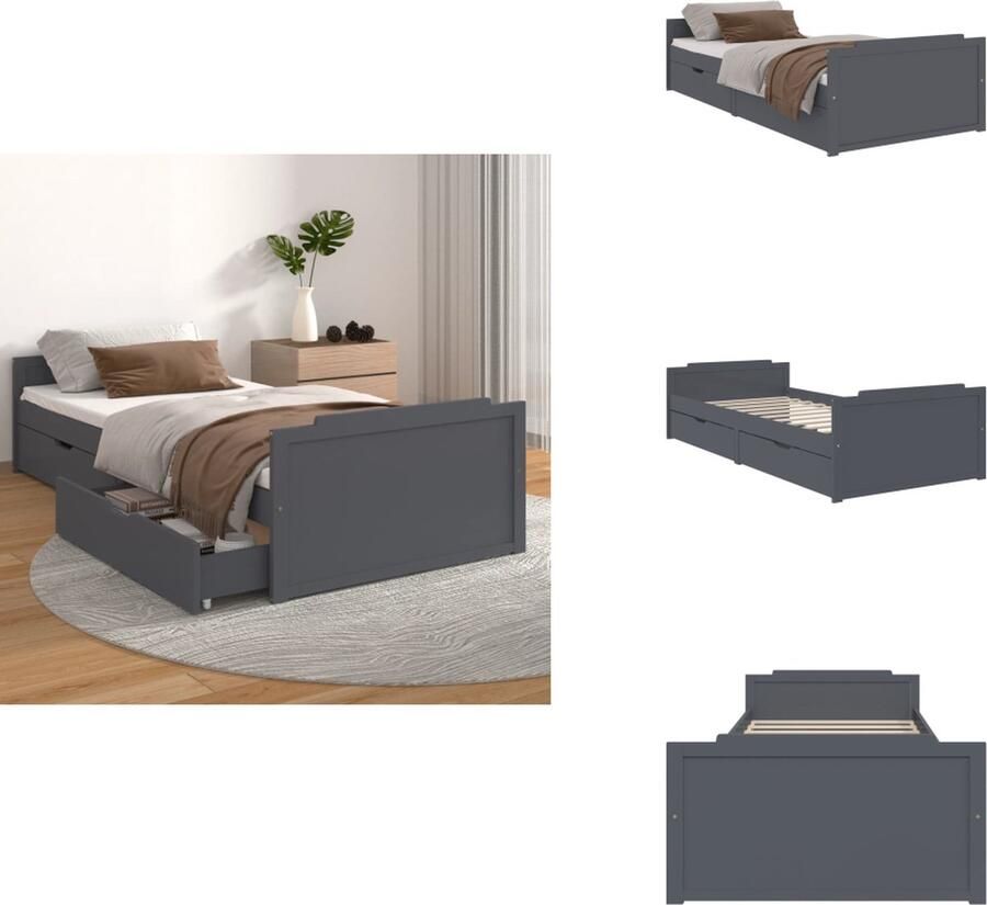 VidaXL Bedframe Bedframes Bed Ledikant Bedframe met lades massief grenenhout donkergrijs 90x200 cm