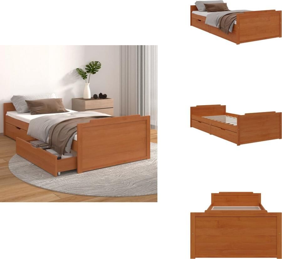 VidaXL Bedframe Massief Grenenhout Opbergfunctie Honingbruin 203.5x96x48.5 cm Lades- 95x63x20 cm Geschikte matras- 90x200 cm Montage vereist Bed