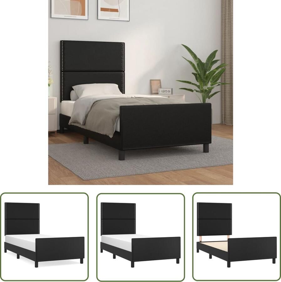 The Living Store Bedframe Kunstleer Verstelbare hoogte Stabiele poten Multiplex lattenbodem Comfortabele ondersteuning Zwart 203x93x118 128cm Bed Frame Kunstleder Bed Tweepersoons Bed Boxspring Stapelbed