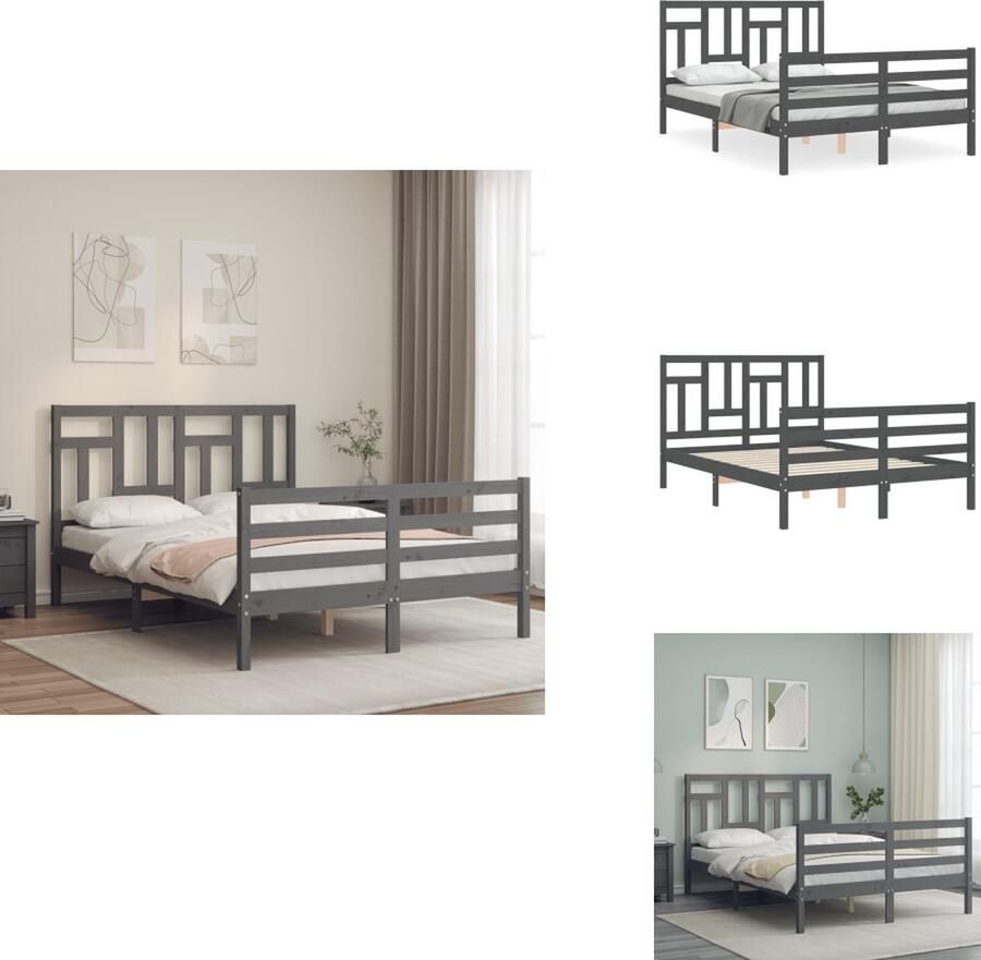 VidaXL Bedframe Bedframes Bed Tweepersoonsbed Bedframe met hoofdbord massief hout grijs 140x190 cm