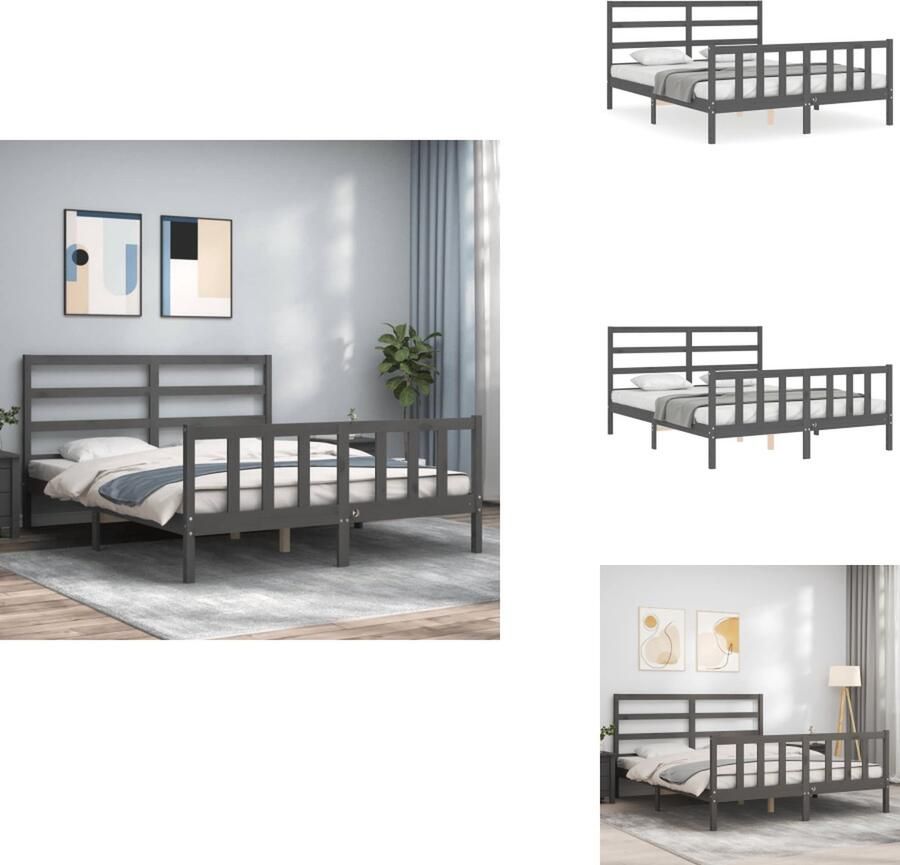 VidaXL Massief Grenenhouten Bedframe Grijs 205.5 x 155.5 x 100 cm Multiplex Lattenbodem Functioneel Hoofd- en Voeteneinde Matras niet inbegrepen Bed - Foto 2