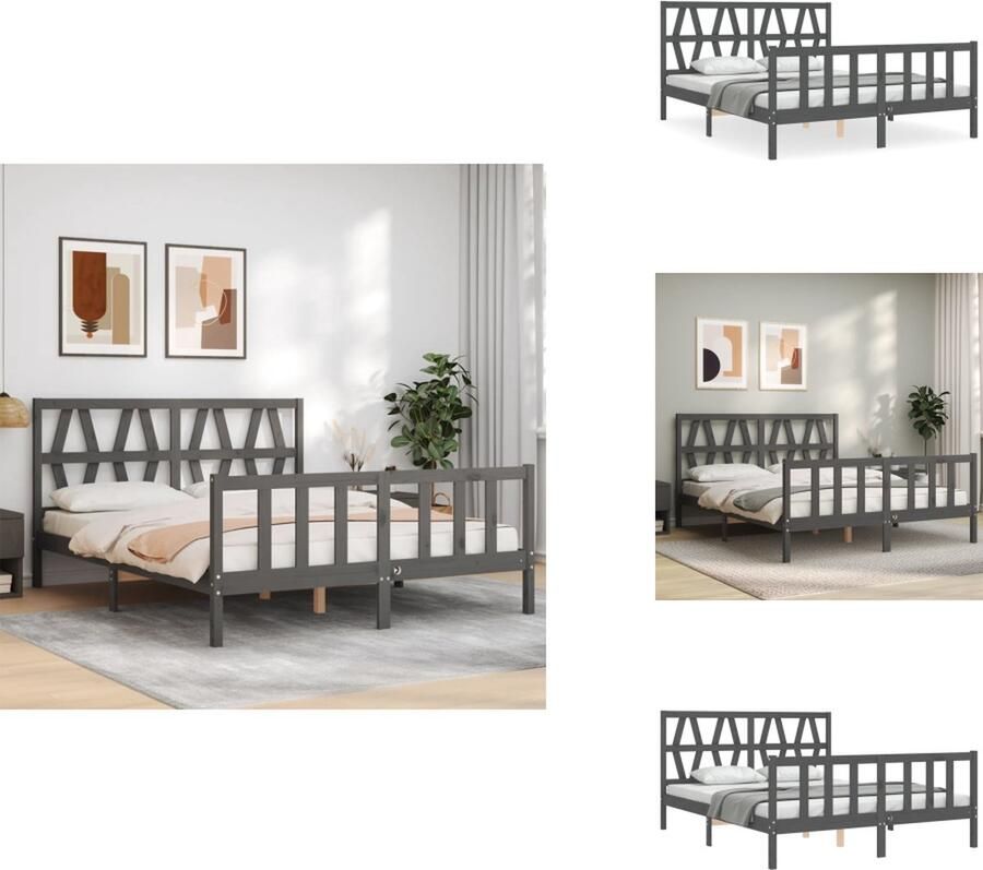 VidaXL Massief Grenenhouten Bedframe Grijs 205.5 x 155.5 x 100 cm Multiplex Lattenbodem Functioneel Hoofd- en Voeteneinde Matras niet inbegrepen Bed - Foto 7