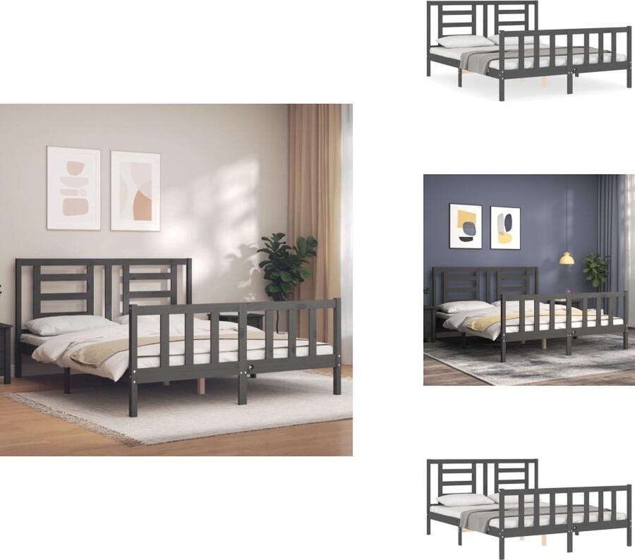 VidaXL Massief Grenenhouten Bedframe Grijs 205.5 x 155.5 x 100 cm Multiplex Lattenbodem Functioneel Hoofd- en Voeteneinde Matras niet inbegrepen Bed - Foto 8