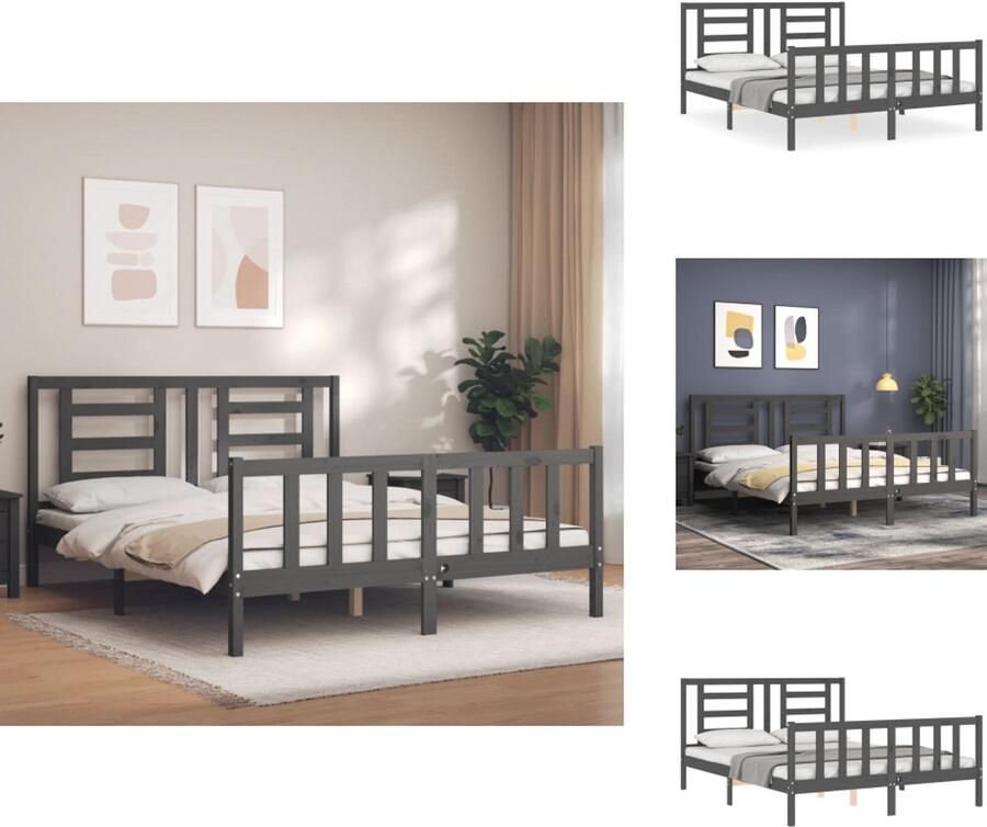 VidaXL Massief Grenenhouten Bedframe Grijs 205.5 x 155.5 x 100 cm Multiplex Lattenbodem Functioneel Hoofd- en Voeteneinde Matras niet inbegrepen Bed - Foto 9