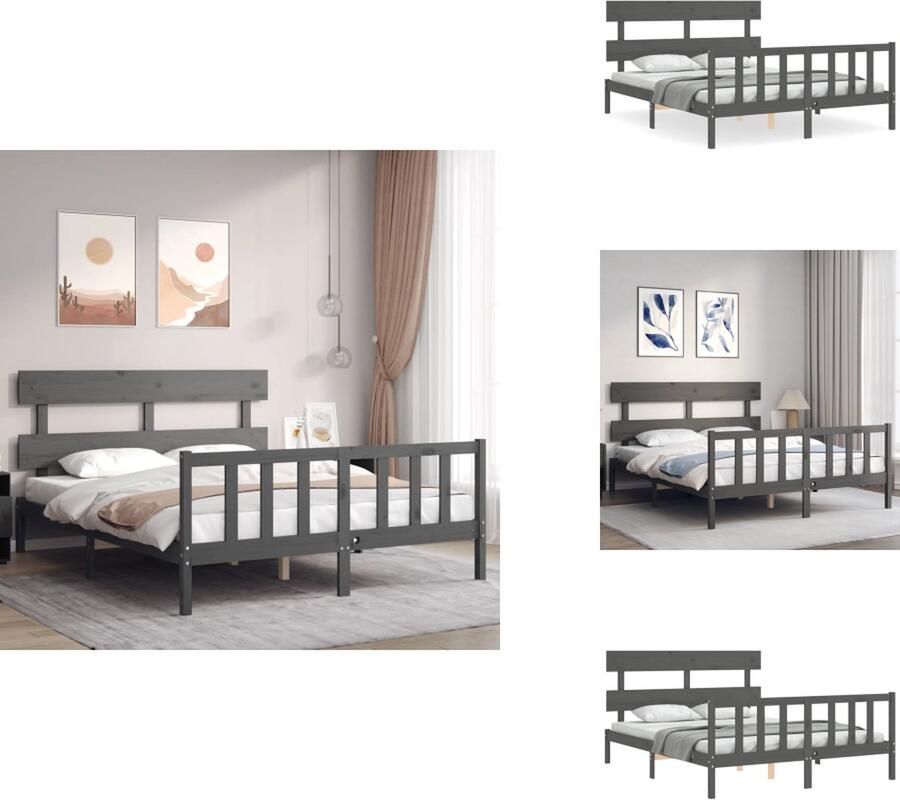 VidaXL Massief Grenenhouten Bedframe Grijs 205.5 x 155.5 x 100 cm Multiplex Lattenbodem Functioneel Hoofd- en Voeteneinde Matras niet inbegrepen Bed - Foto 6