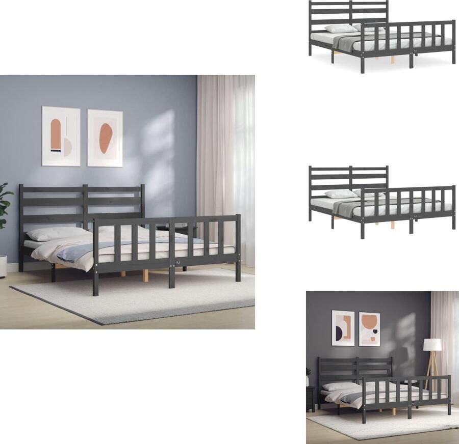 VidaXL Massief Grenenhouten Bedframe Grijs 205.5 x 155.5 x 100 cm Multiplex Lattenbodem Functioneel Hoofd- en Voeteneinde Matras niet inbegrepen Bed