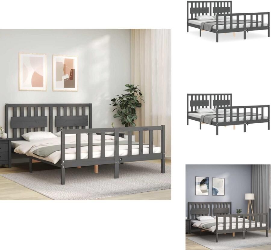 VidaXL Massief Grenenhouten Bedframe Grijs 205.5 x 155.5 x 100 cm Multiplex Lattenbodem Functioneel Hoofd- en Voeteneinde Matras niet inbegrepen Bed - Foto 3