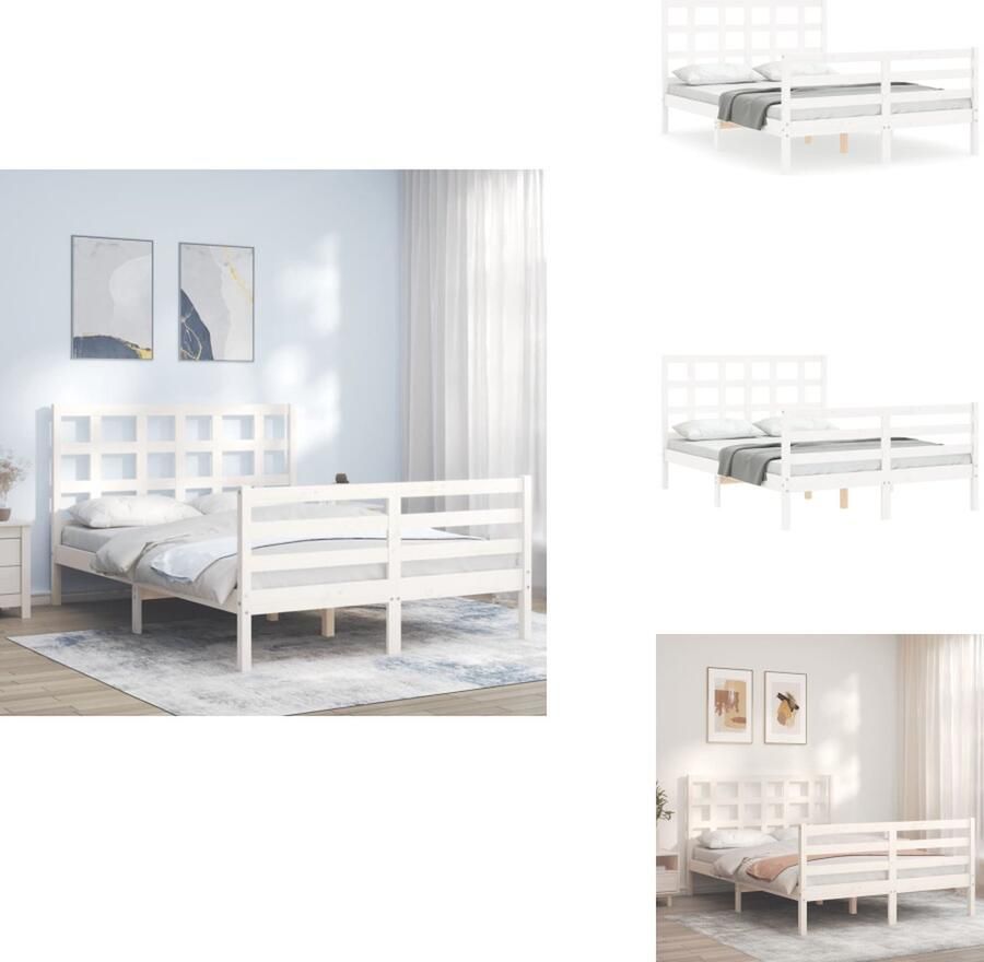 VidaXL Bedframe Bedframes Bed Tweepersoonsbed Bedframe met hoofdbord massief hout wit 140x190 cm