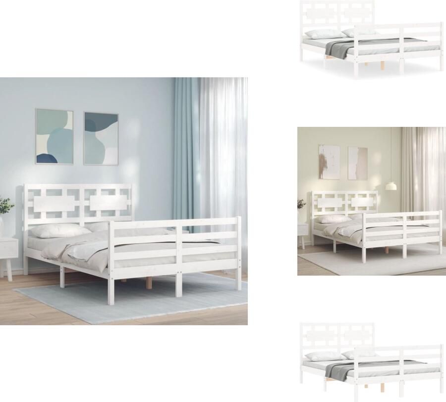 VidaXL Bedframe Bedframes Bed Tweepersoonsbed Bedframe met hoofdbord massief hout wit 140x190 cm - Foto 10