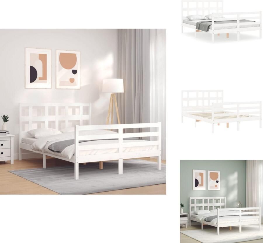 VidaXL Bedframe Bedframes Bed Tweepersoonsbed Bedframe met hoofdbord massief hout wit 140x190 cm - Foto 4