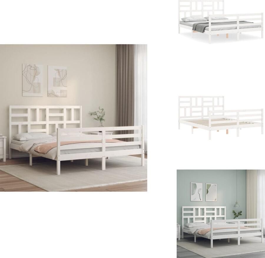 VidaXL Bedframe Bedframes Bed Tweepersoonsbed Bedframe met hoofdbord massief hout wit 160x200 cm