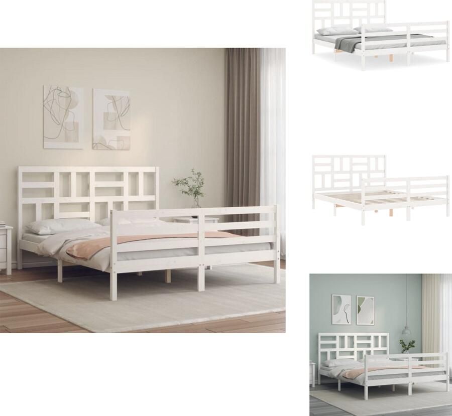 VidaXL Bedframe Bedframes Bed Tweepersoonsbed Bedframe met hoofdbord massief hout wit 160x200 cm - Foto 2