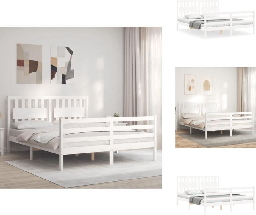 VidaXL Bedframe Bedframes Bed Tweepersoonsbed Bedframe met hoofdbord massief hout wit 160x200 cm - Foto 5