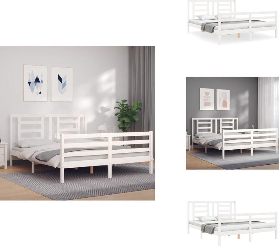 VidaXL Bedframe Bedframes Bed Tweepersoonsbed Bedframe met hoofdbord massief hout wit 5 FT King Size - Foto 2