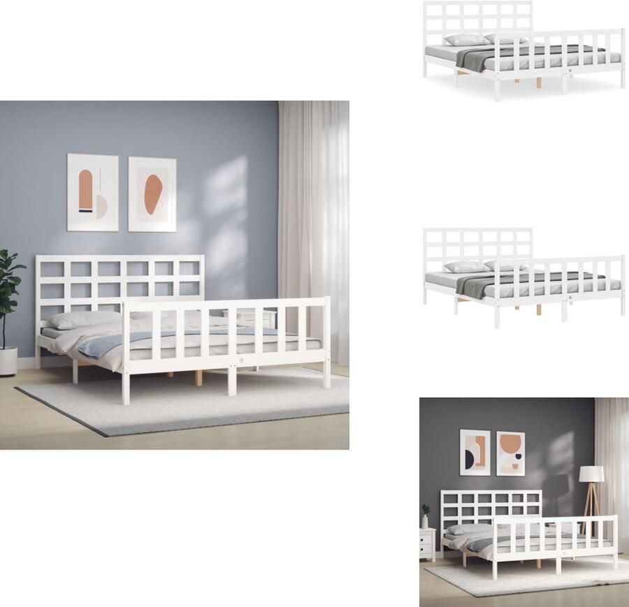 VidaXL Bed Grenenhout Massief Wit 205.5 x 155.5 x 100 cm Multiplex lattenbodem 150 x 200 cm matras Montage vereist Bed