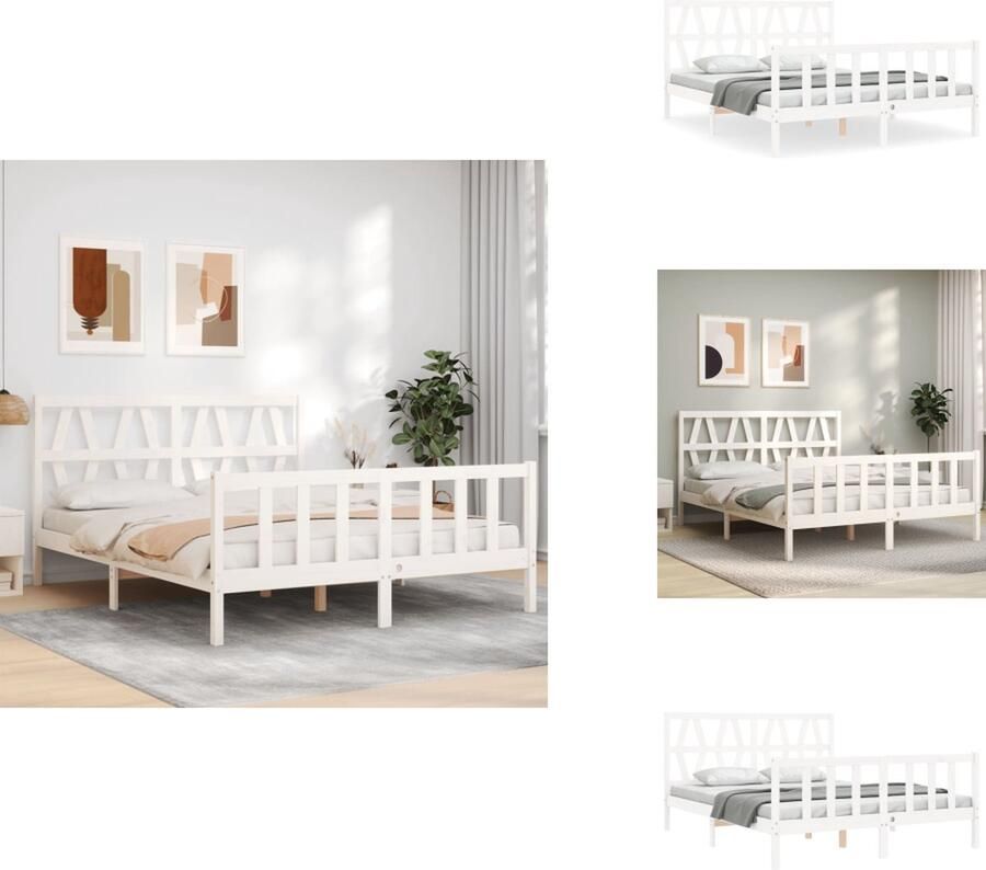 VidaXL Bedframe Bedframes Bed Tweepersoonsbed Bedframe met hoofdbord massief hout wit 5 FT King Size - Foto 2