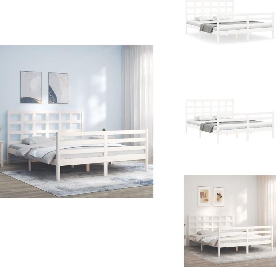 VidaXL Bedframe Bedframes Bed Tweepersoonsbed Bedframe met hoofdbord massief hout wit 5 FT King Size