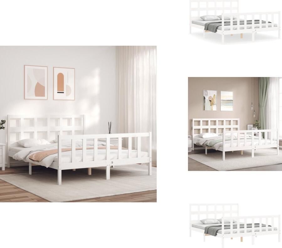 VidaXL Bedframe Massief Grenenhout Wit 205.5 x 155.5 x 100 cm Multiplex Lattenbodem Functioneel Hoofd- en Voeteneinde Bed - Foto 5