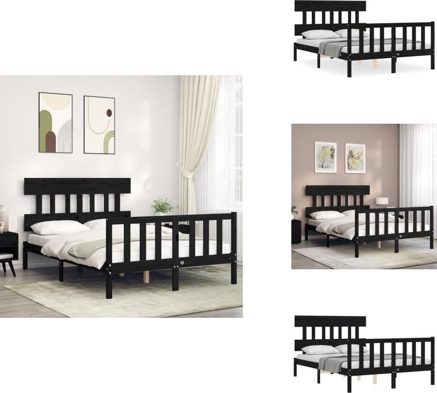 VidaXL Bedframe Bedframes Bed Tweepersoonsbed Bedframe met hoofdbord massief hout zwart 140x190 cm - Foto 3