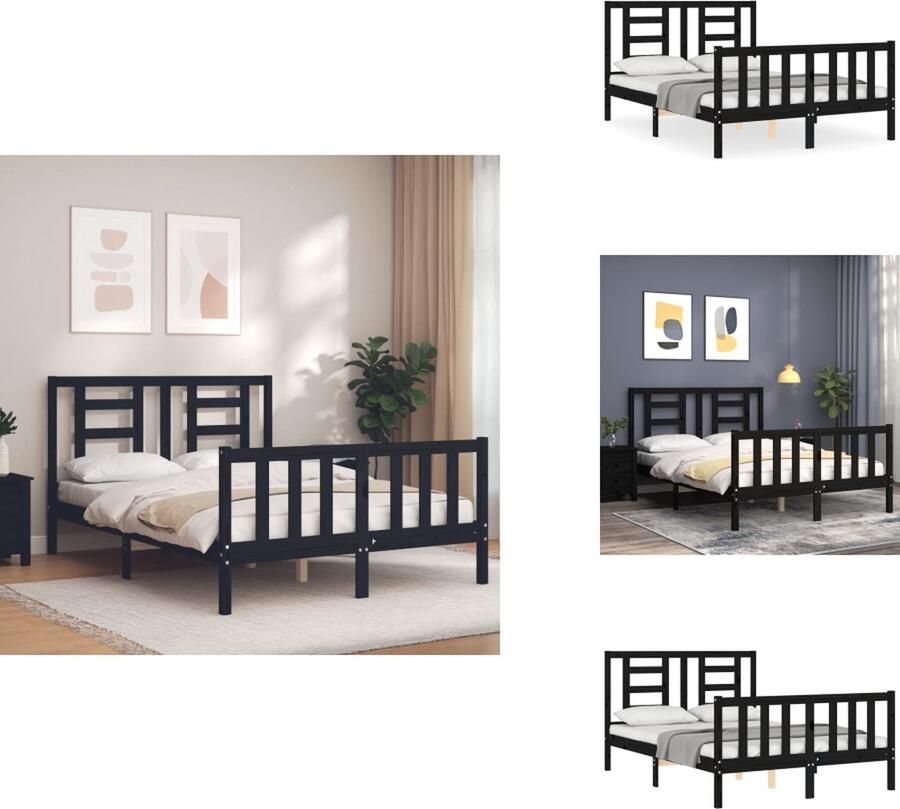 VidaXL Bedframe Bedframes Bed Tweepersoonsbed Bedframe met hoofdbord massief hout zwart 4FT6 Double - Foto 4
